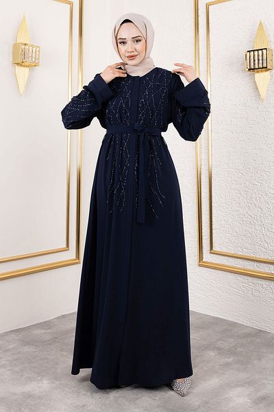 Tesettür Dünyası Navy Blue Stone Λεπτομερής κρυφό φερμουάρ Abaya - TSD250112