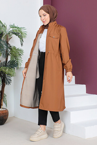 Tesettür Dünyası Büyük Beden Süs Cepli Trençkot TSD230504 Tarçın
