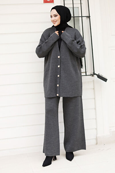 Tesettür Dünyası Σετ Ζακέτα Πλεκτά Ανθρακί - Πέτρινο Λεπτομερές Κουμπί TSD 240932
