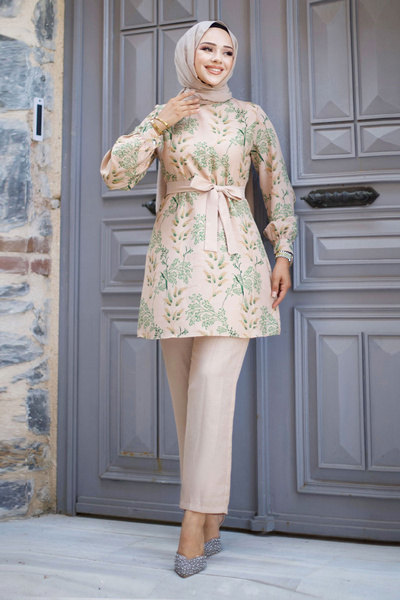 Tesettür Dünyası Green Double Suit - Floral Pattern and Waist Belted TSD 240726