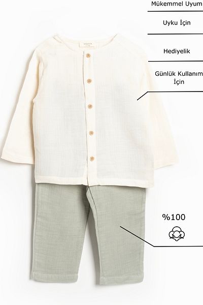 Vauva Muslin Shirt Suit Long Sleeve 2 Piece Suit Buttoned 100% Cotton Boy Suit
