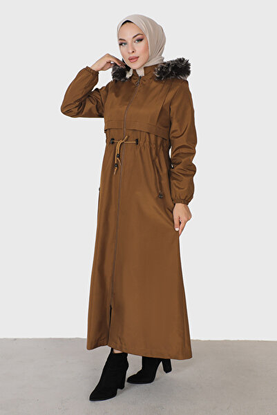 Tesettür Dünyası Detailní kabát po celé délce nášivky TSD230910 Tan