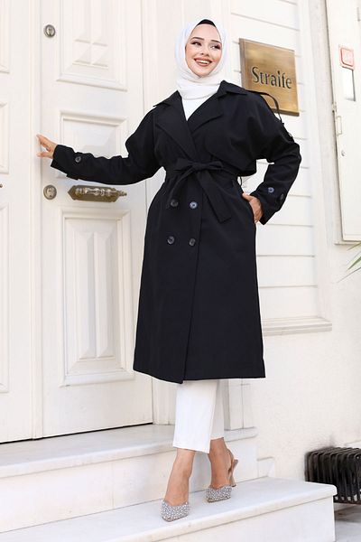 Tesettür Dünyası Black Double Breasted Collar Trench Coat - Button Detail, TSD240714
