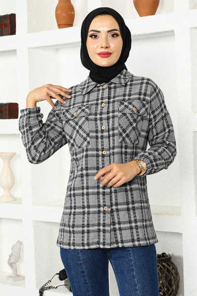Tesettür Dünyası Pocket Detailed Jacket Shirt Tsd221105 Smoked