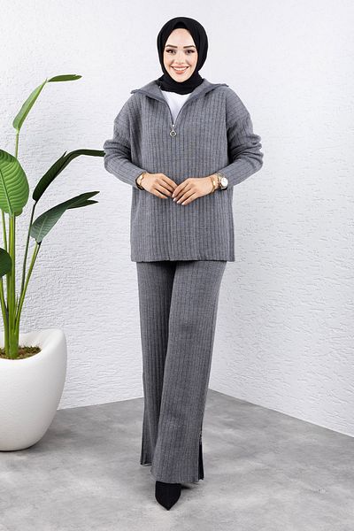 Tesettür Dünyası Anthracite Zippered Knitwear Set - Tsd 240950