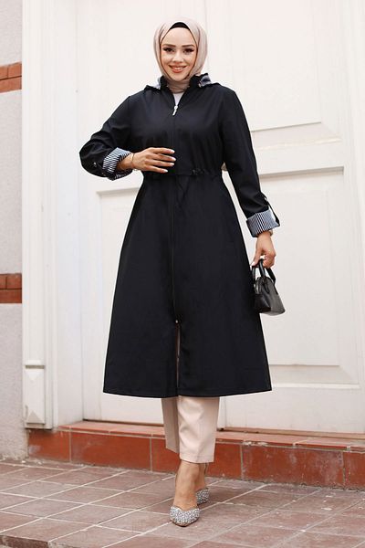 Tesettür Dünyası Black Striped Zippered Trench Coat - Tsd 240923