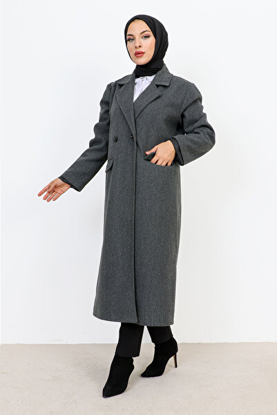 Tesettür Dünyası Kabát s dvojitým knoflíkem a kapsami TSD231109 Antracit