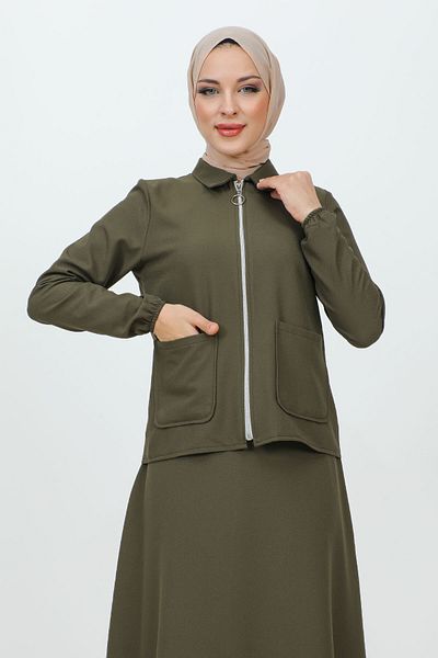 Tesettür Dünyası Zippered Pocket Skirt Crepe Suit TSD231205 Khaki