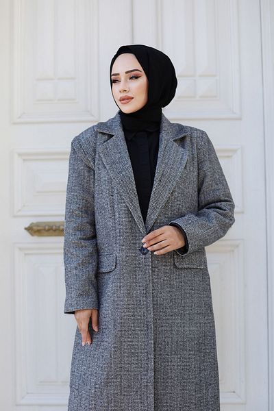 Tesettür Dünyası Black Herringbone Patterned Coat - Tsd 240925