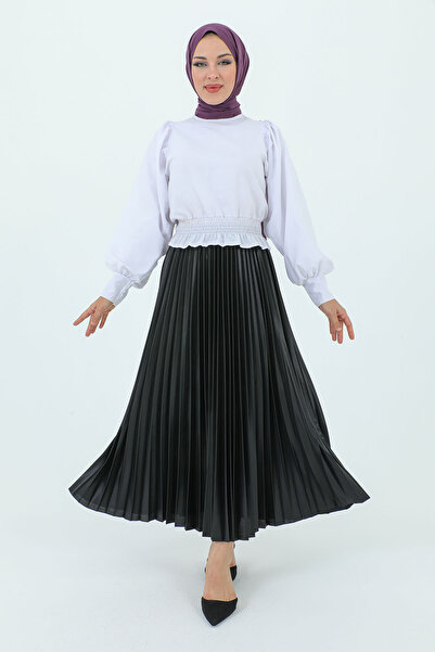 Tesettür Dünyası Leather Look Pleated Skirt with Elastic Waist TSD231212 Black