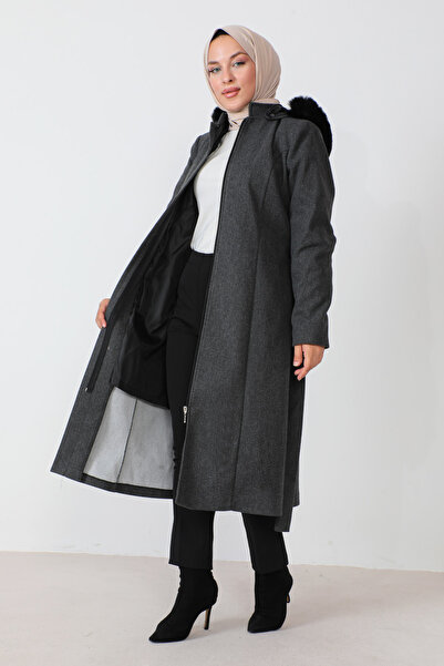 Tesettür Dünyası Kabát na skrytý zip s páskem TSD230813 antracit