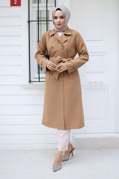 Tesettür Dünyası Tan Trench Coat - Buttoned and Epaulet Detail, Tsd 240901