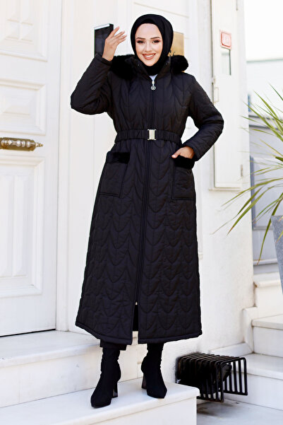 Tesettür Dünyası Black Quilted Coat - Fur Detailed Pocket and Hooded Tsd 240807