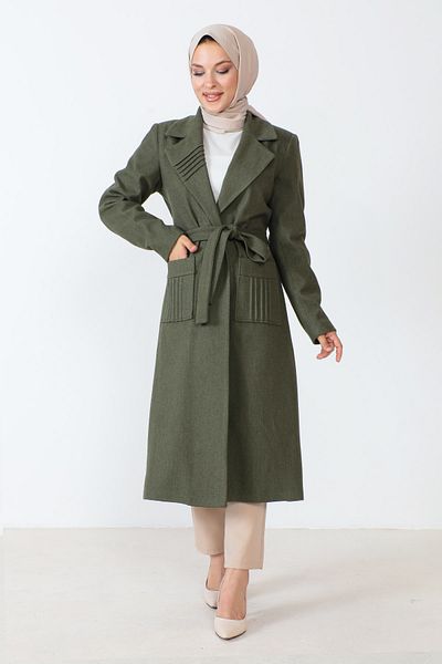 Tesettür Dünyası Waist Belted Cashew Coat TSD230804 Khaki