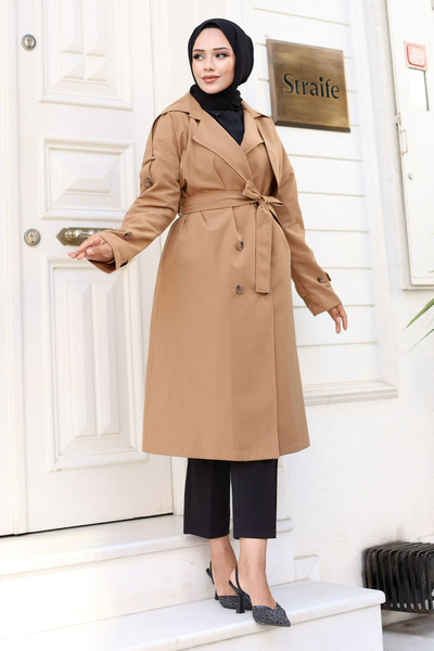 Tesettür Dünyası Arkası Düğme Detaylı Kruvaze Yaka Trençkot TSD240714 Taba