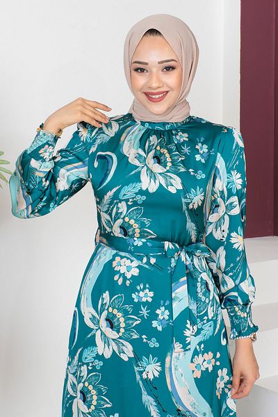 Tesettür Dünyası Gipe-Detailkleid mit Ärmelspitze Tsd230605 Smaragdgrün