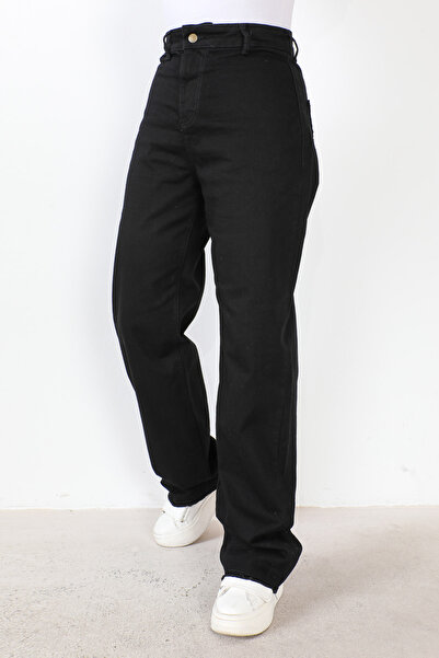 Tesettür Dünyası Wide Leg Denim Trousers with Tassels TSD230916 Black