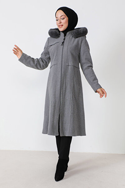 Tesettür Dünyası Patch Detailed Stamp Coat TSD230812 Gray