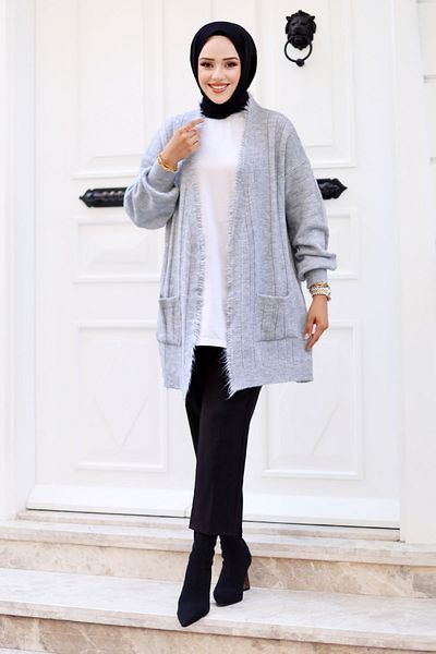Tesettür Dünyası Gray Knitwear Cardigan - Tsd with Tassels and Pocket Detail 240805