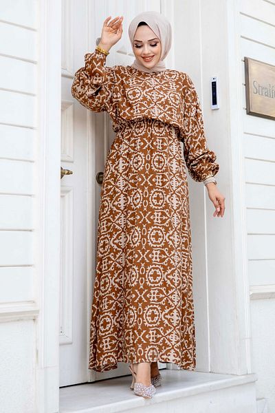 Tesettür Dünyası Viskose-Kleid mit Kamelmuster – Fledermausärmel und Taillengummi Tsd 240520