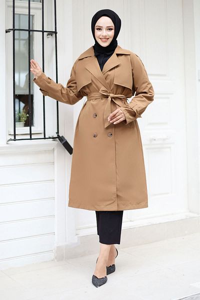 Tesettür Dünyası Tan Trench Coat - Chain Detailed, TSD 240902   Μοντέλο