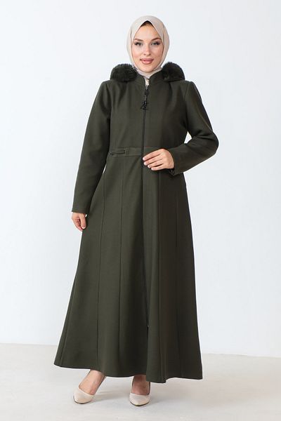 Tesettür Dünyası Full Length Zippered Coat TSD230803 Khaki