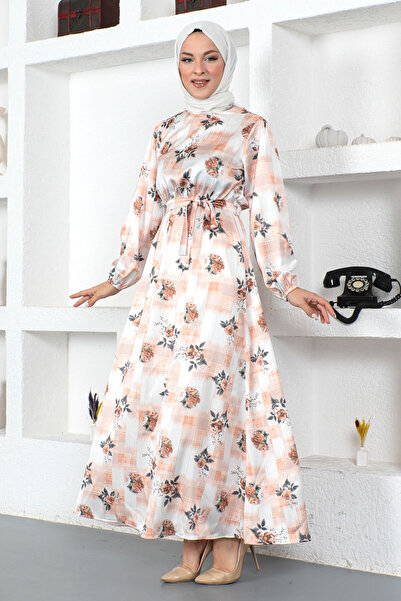 Tesettür Dünyası Rózsamintás hosszú hidzsáb ruha Tsd230425 narancssárga