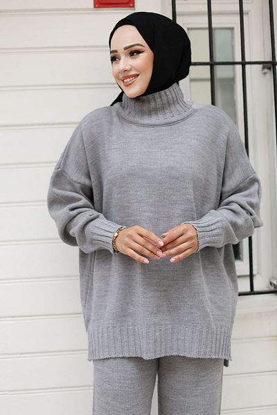 Tesettür Dünyası Corded Sleeve Knitwear Set - Gray Throat Tsd 240931