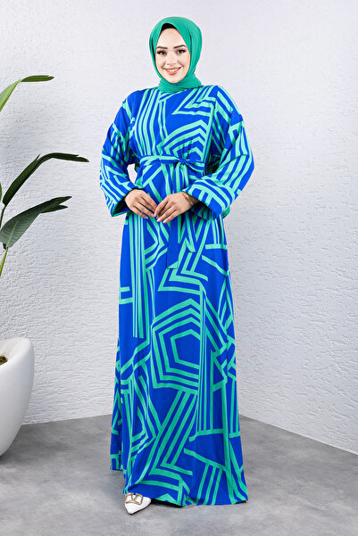 Tesettür Dünyası Çizgi Desenli Viskon Uzun Tesettür Elbise TSD240943 Yeşil