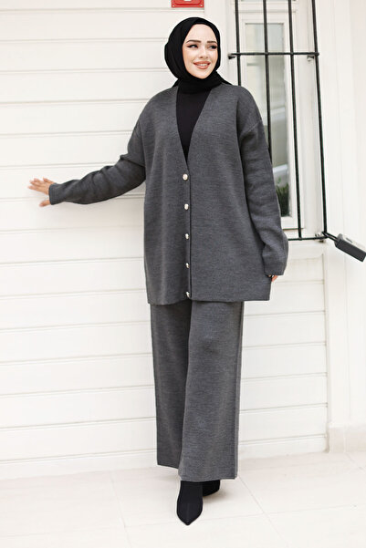 Tesettür Dünyası Σετ Ζακέτα Πλεκτά Ανθρακί - Πέτρινο Λεπτομερές Κουμπί TSD 240932