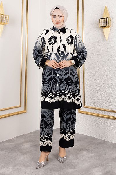 Tesettür Dünyası Black Viscose Suit - Colorful Floral Pattern Tsd 250111