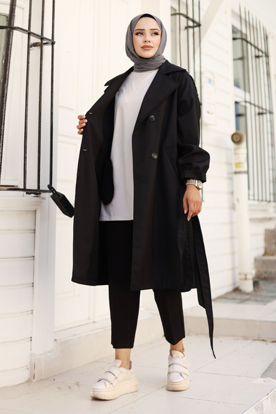 Tesettür Dünyası Omuzu Apolet Detaylı Beli Kuşaklı Trençkot TSD240810 Siyah