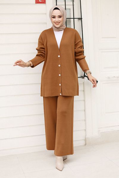 Tesettür Dünyası Jewelled Buttoned Knitwear Cardigan Set - Tsd 240932   Tan