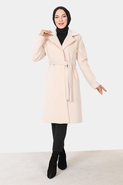 Tesettür Dünyası Waist Belted Fox Coat TSD230917 Ecru