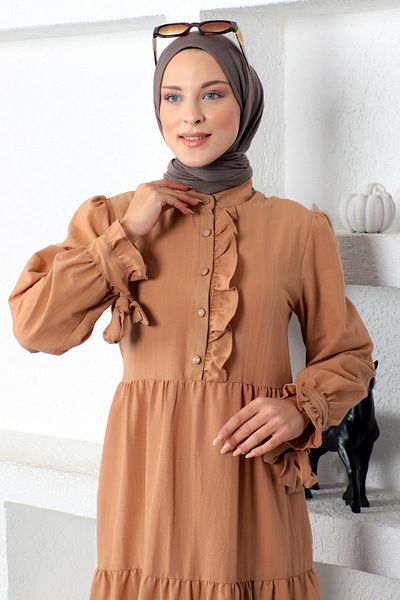 Tesettür Dünyası Δεμένο μανίκι Hijab Φόρεμα Tsd221207 Tan