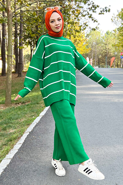 Tesettür Dünyası Striped Knitwear Suit Tsd220905 Green