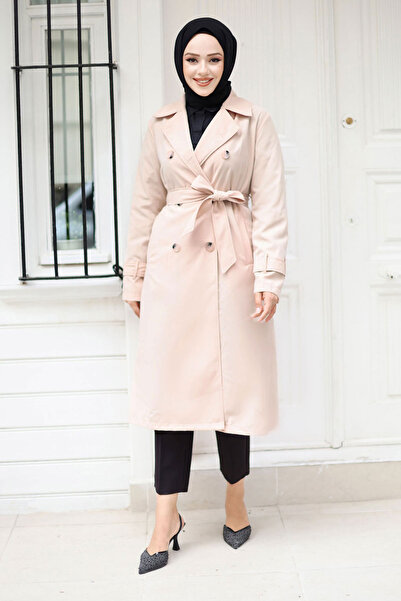 Tesettür Dünyası Düğmeli Kol Ucu Apolet Detaylı Trençkot TSD240901 Bej