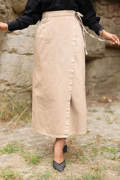 Tesettür Dünyası Béžová džínová sukně s bočním zavazováním - Tsd 240615