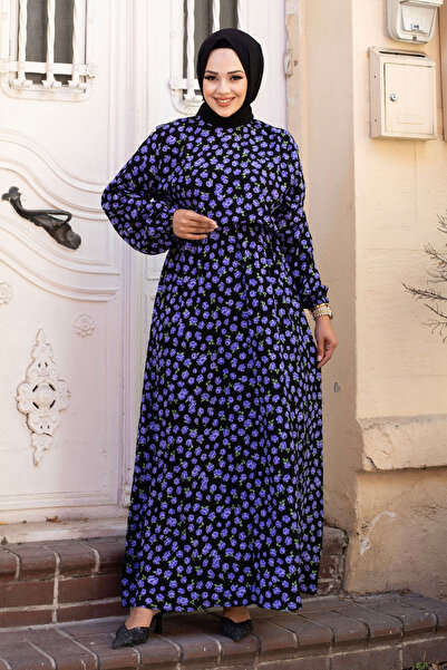 Tesettür Dünyası Beli Lastikli Küçük Gül Desenli Viskon Uzun Tesettür Elbise TSD240611 Mor