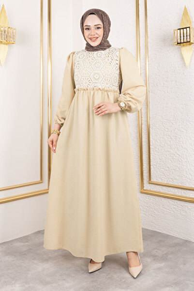 Tesettür Dünyası Μακρύ μαντίλι φόρεμα με δαντέλα στο μπροστινό μέρος TSD240519 Μπεζ