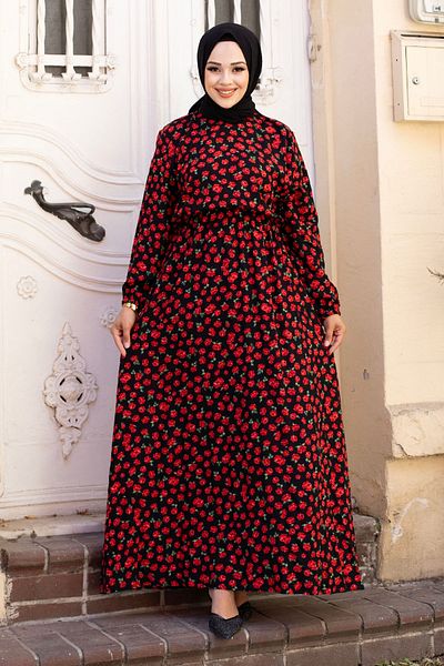 Tesettür Dünyası Red Viscose Dress - Small Rose Pattern, Elastic Waist TSD240611