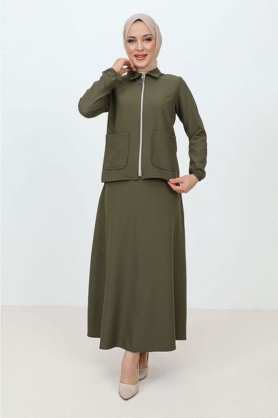 Tesettür Dünyası Zippered Pocket Skirt Crepe Suit TSD231205 Khaki