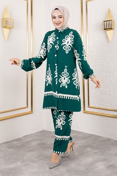 Tesettür Dünyası Green Ethnic Patterned Viscose Suit - Tsd 250113