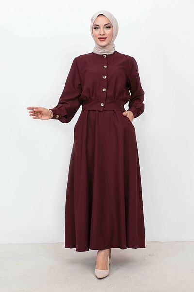 Tesettür Dünyası Buttoned Skirt Pocketed Double Suit TSD231113 Plum