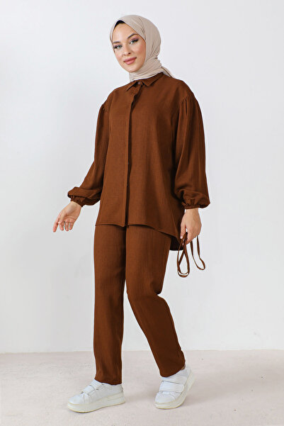 Tesettür Dünyası Διπλή φόρμα με σχοινί μέσης TSD230922 Καφέ