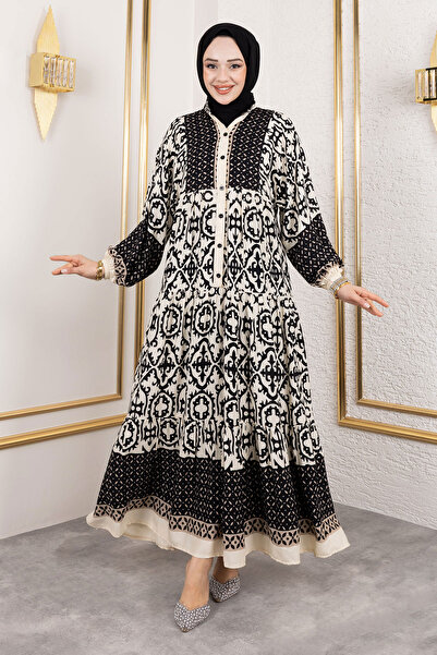 Tesettür Dünyası Μακρύ μαντίλι φόρεμα με κουμπιά μπροστά από βισκόζη TSD250117 Μαύρο