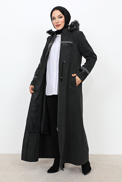 Tesettür Dünyası Detailní kožený kabát na zip po celé délce TSD231116 antracit