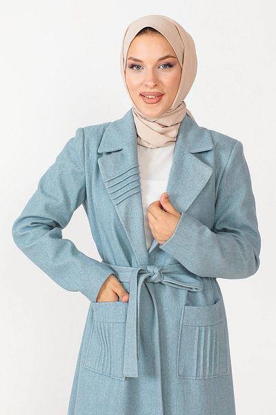 Tesettür Dünyası Palton Kaşen cu centură albastră TSD 230804