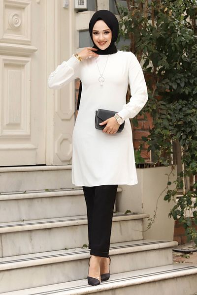 Tesettür Dünyası White Lace Detailed Necklace Tunic - Tsd 240408