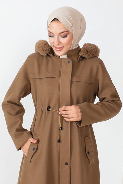 Tesettür Dünyası Παλτό Cashmere με κρυφό φερμουάρ TSD230805 Camel